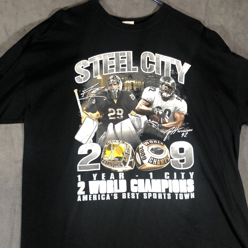 Steel City 2009 Pittsburgh Penguins Steelers 2 World Champs 2 XL Black Shirt